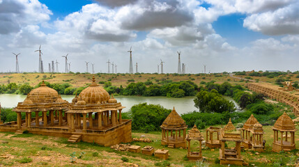 Fototapeta View of Bada Bagh, or Barabagh  overlooking The Windmills , located about six kilometers north of Jaisalmer in the Indian state of Rajasthan.  obraz