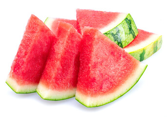 Three slices of watermelon without watermelon seeds isolated on white background.