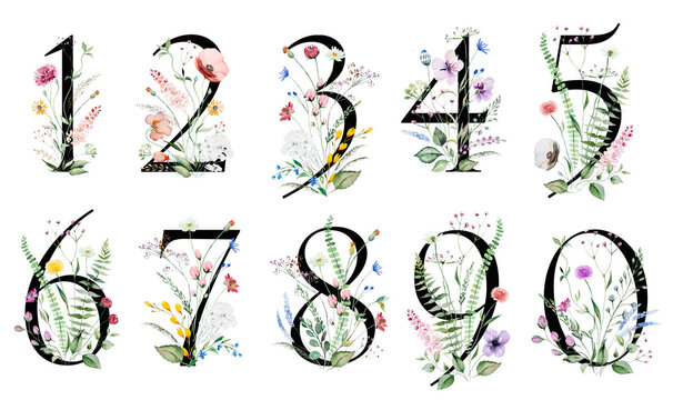 Black numbers with watercolor wildflowers and leaves bouquet, Summer floral wedding design