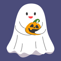 Cute ghost holding a pumpkin vector isolated. Halloween holiday decoration. Trick or treat, funny character. Autumn holiday party.