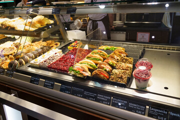 showcase fast food with sandwiches, wraps tortilla and burgers cafe on the street