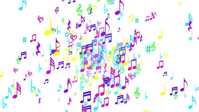 Floating colorful music notes. Isolated exploding icons. Animation. White background. 4k overlay. 23,98 fps