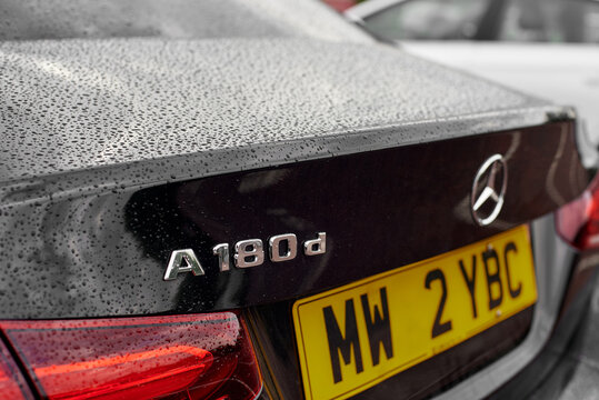UK, Newcastle, 27 August 2022: New diesel Mercedes sedan A class a180d 2022. Black executive sedan from Mercedes in the AMG package.