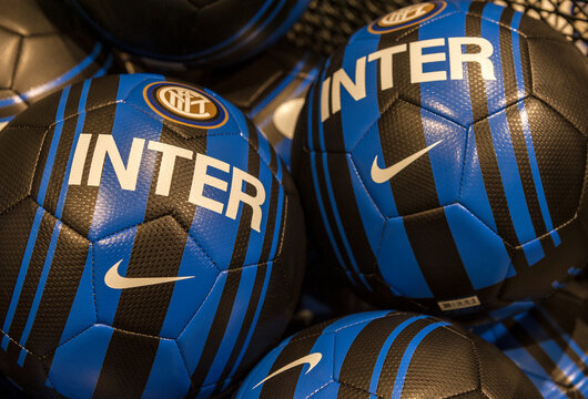 Souvenir balls in the fan shop  at San Siro arena - the official stadium of FC  Milan and FC Inter, Italy