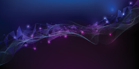 Vector illustration of dots polygon connecting with wave wireframe represents to digital data communication innovation technology for futuristic digital technology advertising artworks.