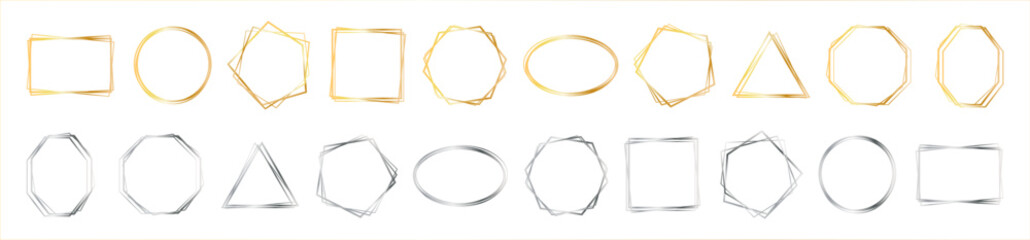 Set of geometric gold frame and silver frames isolated on white.Golden and silver Geometrical frames.Simple abstract metallic frames.Set of luxury gold frames collection.Wedding invitation elements.