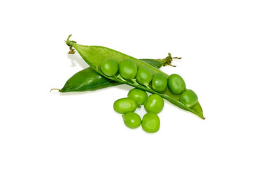 Sweet fresh green peas isolated on white background