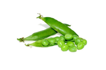 Sweet fresh green peas isolated on white background
