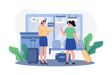 Hostess Greets Passengers At The Airport Reception