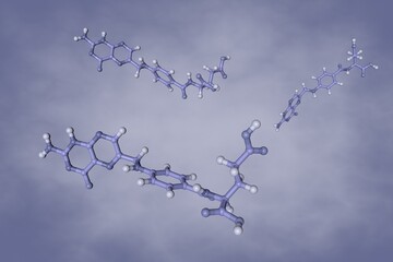 Molecular model of folic acid, vitamin B9. Healthy life concept. Dietary supplements. Medical background. Scientific background. 3d illustration