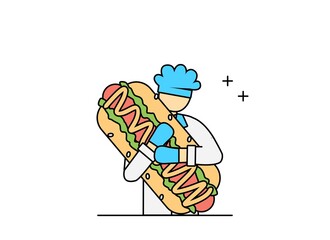 Illustration of flat design outline chef working with pizza and burgers