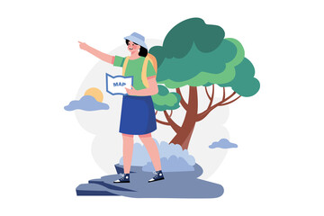 Female Tourist With A Backpack Is Experiencing The Trip