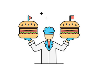 Illustration of flat design outline chef working with pizza and burgers
