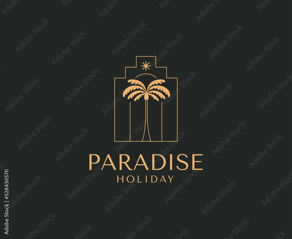 Poster vector logo design template with palm tree - abstract summer and vacation badge and emblem for holid