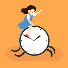 girl sitting on the clock on an orange background