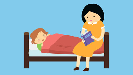 A teacher reads a fairy tale to a child in bed