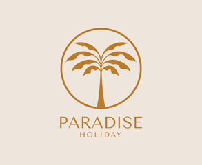 Obraz premium Vector logo design template with palm tree - abstract summer and vacation badge and emblem for holiday rentals, travel services, tropical spa and beauty studios