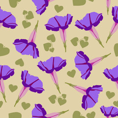 Seamless pattern of Moning Glory flowers on a pastel background. Background, wallpaper, packaging, textile template.
