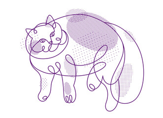 Fat and lazy cat line art vector illustration, linear drawing of pussycat relaxing, minimal outline sketch of cute domestic pet.