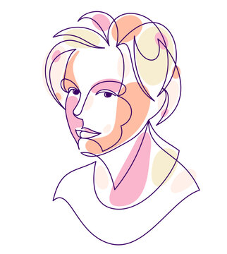 recommend clip art: Beautiful face of attractive woman vector linear drawing, sensitive emotional line art adult girl portrait, feminine abstract face line art.
