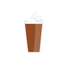 Latte in a transparent glass with whipped cream on white background. Background with an invigorating and tonic drink. 