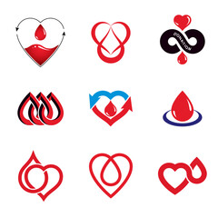 Collection of vector emblems created on blood donation idea, blood transfusion and circulation concepts. Medical theme vector graphic symbols.