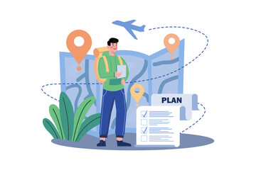 Young Man With Luggage, Planning Sightseeing Route For Attractions