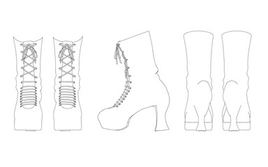 Contour of women's shoes with high heels from black lines isolated on white background. Front, side, back view. Vector illustration.