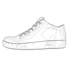 Wireframe of sports sneakers from black lines isolated on white background. Side view. 3D. Vector illustration.