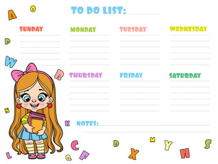 Fototapeta premium To do list for writing plans for the week with a cute cartoon schoolgirl with textbooks