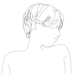 Outline of a girl with a short haircut looking to the side from black lines isolated on a white background. Head, neck and shoulders of a girl. Vector illustration.