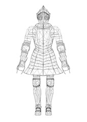 Wireframe of a medieval soldier's armor from black lines isolated on a white background. Front view. 3D. Vector illustration.