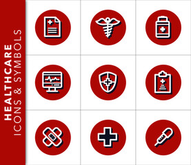 Icons and symbols set related to healthcare and medicine with shadow on red background. Vector isolated graphic.