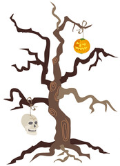Halloween icon old tree with skull and lantern isolated