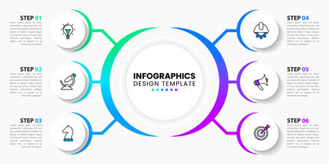 Infographic template. 6 circles with icons connected to the center