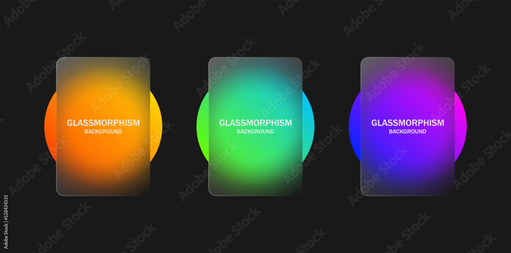 Poster glassmorphism background, futuristic banner template with Blurred colorful circles and transparent glass frame - Realistic glass morphism effect with gradient circle shapes