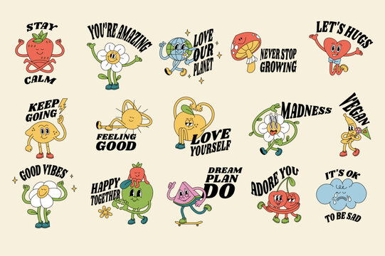 Vector illustration set of characters ìn retro style and typography quote. Groovy stickers with for print.