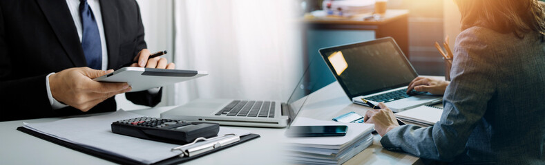 legal and businessman advisor, two business people talking, planning analyze investment and marketing on tablet in office.