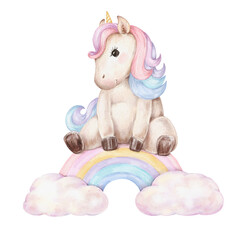 Unicorn on rainbow, children illustration.
