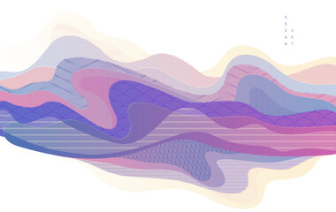 Oriental Japanese style vector abstract illustration, background in Asian traditional style, wavy shapes and mountains terrain, runny like sea lines.