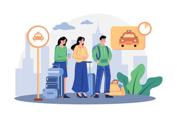 A Group Of Tourists With Their Luggage Waiting For A Taxi