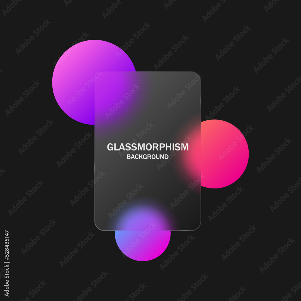 Poster glassmorphism background, futuristic banner template with Blurred colorful circles and transparent glass frame - Realistic glass morphism effect with gradient circle shapes