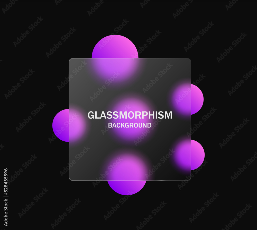Poster glassmorphism background, futuristic banner template with Blurred colorful circles and transparent glass frame - Realistic glass morphism effect with gradient purple circle shapes