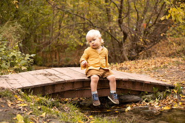 happy boy sitting on bridge over the stream and smiling in warm autumn park with golden trees.