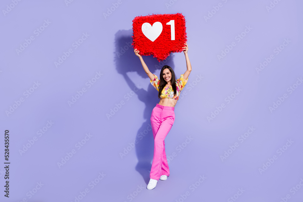 Sticker Full length photo of adorable positive person arms hold large like collage isolated on violet color background