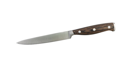 Sharp versatile knife from chrome molybdenum vanadium stainless steel with wooden handle isolated...
