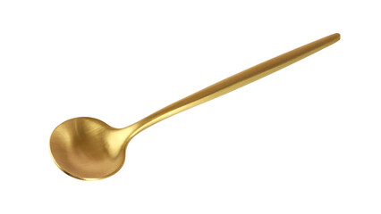 Matte golden spoon isolated on white background. One coffee or tea metallic spoon flying.