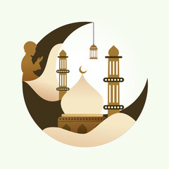 islamic vector illustration with mosque, crescent and little prayer