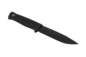 Modern hunting knife with black blade and rubber handle. Steel arms. Isolate on a white back.