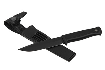 Modern hunting knife with black blade and rubber handle. Steel arms. Isolate on a white back.